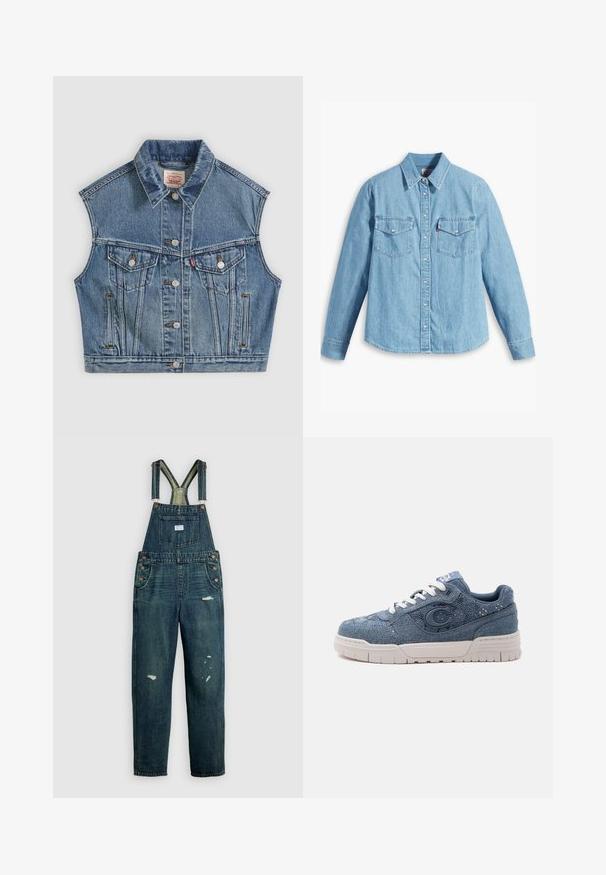 Μπλε denim αμάνικο μπουφάν με κουμπιά μπροστά, δύο τσέπες στο στήθος με καπάκια και κλασικό γιακά.; Ραφ μπλε τζιν πουκάμισο με μακριά μανίκια, κομψό γιακά, δύο τσέπες στο στήθος, κουμπάκια και διακριτή υφή. Χωρίς ορατά σχέδια.; Σκούρα μπλε τζιν σαλοπέτα με ρυθμιζόμενους ιμάντες, μια μπροστινή τσέπη στο στήθος, κουμπιά στο πλάι και ξεθωριασμένες φθαρμένες λεπτομέρειες στα πόδια.; Μπλε τζιν αθλητικό παπούτσι με λευκή σόλα και κορδόνια, με μεγάλο έμβλημα "C" στο πλάι και υφή υφασμάτινου σχεδίου.