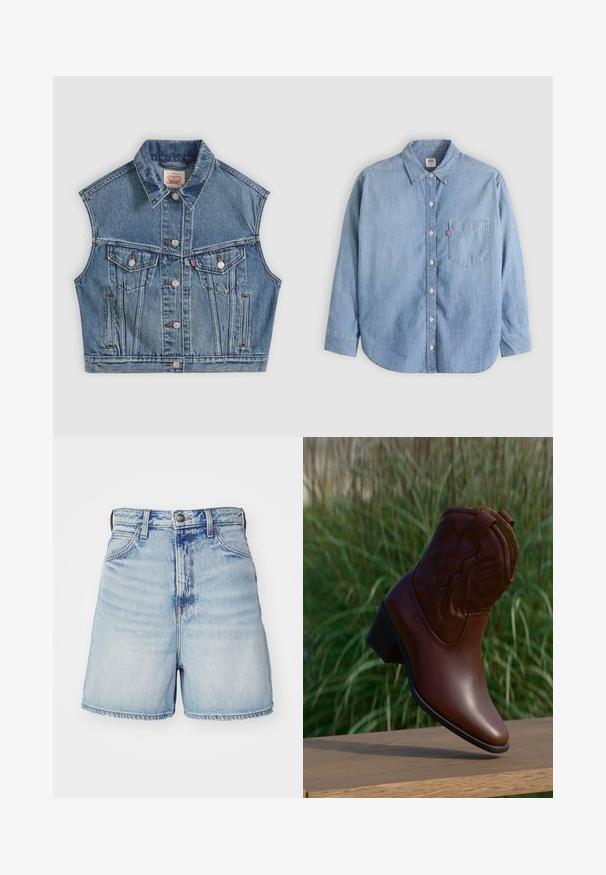 Blaues ärmelloses Jeansweste mit Knöpfen vorne, zwei Brusttaschen mit Klappen und einem klassischen Kragen.; Hellblaues Jeanshemd mit Knopfleiste am Kragen, Brusttasche und langen Ärmeln. Verfügt über einen abgerundeten Saum und eine subtile Textur.; Hellblaue Denim-Shorts mit hoher Taille, fünf Taschen, Knopfverschluss und fransigem Saum. Glatte Textur mit verblassten Bereichen.; Brauner Cowboystiefel aus Leder mit dekorativer Naht, schräg nach oben auf einer Holzoberfläche mit unscharfem grünem Gras im Hintergrund.