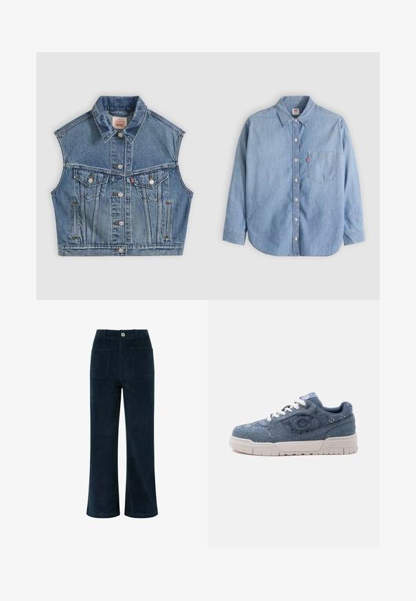 Blauwe denim mouwloze jas met knopen aan de voorkant, twee borstzakken met kleppen en een klassieke kraag.; Lichtblauw denimoverhemd met een button-down kraag, borstzakje en lange mouwen. Heeft een afgeronde zoom en een subtiele textuur.; Navyblauwe corduroy broek met hoge taille, wijde pijpen, twee achterzakken en een sluiting met knoop aan de voorkant. Zachte textuur met een gladde afwerking.; Blauwe denim sneaker met witte zool en veters, met een groot "C" embleem aan de zijkant en een textuurstof ontwerp.
