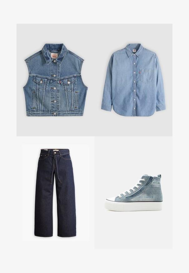 Blauwe denim mouwloze jas met knopen aan de voorkant, twee borstzakken met kleppen en een klassieke kraag.; Lichtblauw denimoverhemd met een button-down kraag, borstzakje en lange mouwen. Heeft een afgeronde zoom en een subtiele textuur.; Wijd pijpjes donkerblauwe denim jeans met een hoge taille, voorzien van een trekkoord, vijf zakken en contrasterende stiksels.; High-top denim sneaker met witte veters, zijrits, rubberen zool en geborduurd merkdetail aan de buitenkant.
