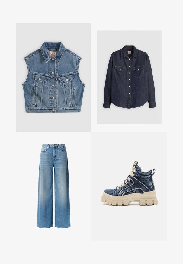 Chaqueta sin mangas de mezclilla azul con botones en la parte delantera, dos bolsillos en el pecho con solapas y un cuello clásico.; Camisa de denim azul oscuro con mangas largas, cierre de botones en la parte delantera, dos bolsillos en el pecho con solapas y costuras amarillas en contraste.; Jeans de mezclilla azul de pierna ancha con un lavado claro, cintura alta, bolsillos delanteros y un sutil efecto de desvanecimiento a lo largo de las piernas. Terminados con un cierre de botón.; Buffalo ASPHA MID - Zapatillas altas - blue