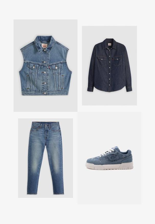 Blaues ärmelloses Jeansweste mit Knöpfen vorne, zwei Brusttaschen mit Klappen und einem klassischen Kragen.; Dunkelblaues Denim-Hemd mit langen Ärmeln, knöpfbarem Frontverschluss, zwei Brusttaschen mit Klappen und kontrastierendem gelben Stich.; Hellblaue Denim-Jeans mit geradem Schnitt, fünf Taschen, Knopfverschluss und dezenten Ausbleichungen an den Oberschenkeln. Sichtbare Kontrastnähte.; Blauer Denim-Sneaker mit weißer Sohle und Schnürsenkeln, mit großem "C"-Emblem an der Seite und strukturiertem Stoffdesign.