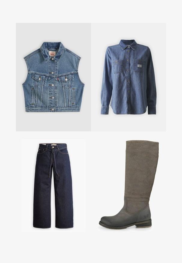 Blå denim ærmeløs jakke med knapper foran, to brystlommer med klapper og en klassisk krave.; Blå denim langærmet skjorte med button-down krave, to brystlommer, klassisk pasform og subtil tekstur. Label på venstre lomme.; Bredde ben mørkeblå denim jeans med høj talje, der har snoretræk, fem lommer og kontrastsyet detaljer.; Knæhøj grå ruskindsstøvle med en rund tå, forstærket ankel og en lav stablet hæl. Har kontrasterende glatte læderdetaljer.