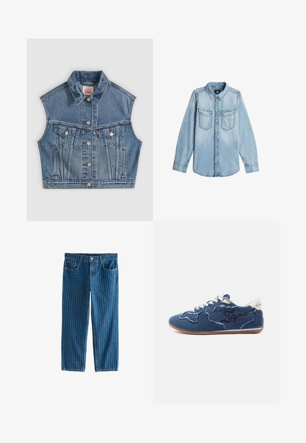 Blauwe denim mouwloze jas met knopen aan de voorkant, twee borstzakken met kleppen en een klassieke kraag.; Lichtblauwe denim overhemd met lange mouwen, kraag, knoopsluiting aan de voorkant en twee borstzakken met knoopflappen.; Blauwe spijkerbroek van denim met een geruit patroon. Heeft vijf zakken, een rits en een standaard riemlus tailleband. Ruime pasvorm, rechte pijpen.; Lage sneaker in blauw denim met rafelige stukken, witte veters, tankleurige zool en witte hieltab met een klein vis-symbool.