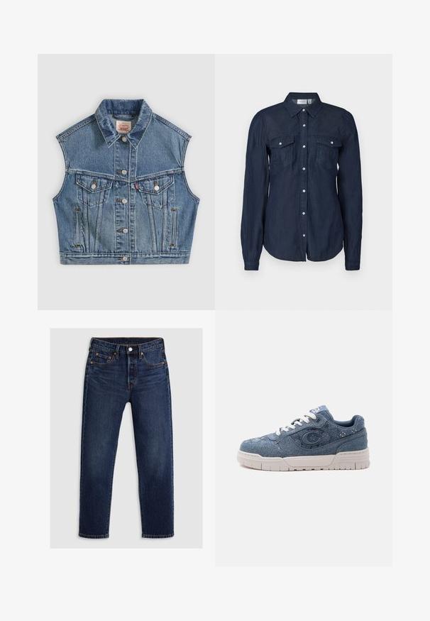 Blaues ärmelloses Jeansweste mit Knöpfen vorne, zwei Brusttaschen mit Klappen und einem klassischen Kragen.; Marineblaues Hemd mit Knopfleiste aus leichtem Stoff, ausgestattet mit zwei Vorderaschen, langen Ärmeln und einem klassischen Kragen mit abgerundetem Saum.; Dunkelblaue Jeans aus Denim mit geradem Bein-Design. Verfügt über einen Reißverschluss mit Knopfverschluss, fünf Taschen und kontrastierende Nähte.; Blauer Denim-Sneaker mit weißer Sohle und Schnürsenkeln, mit großem "C"-Emblem an der Seite und strukturiertem Stoffdesign.