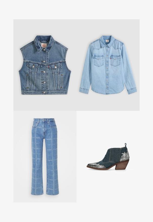 Μπλε denim αμάνικο μπουφάν με κουμπιά μπροστά, δύο τσέπες στο στήθος με καπάκια και κλασικό γιακά.; Φωτεινό γαλάζιο πουκάμισο από τζιν με μακριά μανίκια, κούμπωμα με κουμπιά, δύο τσέπες στο στήθος με καπάκια και κλασικό μυτερό γιακά πάνω σε γκρίζο φόντο.; Ανοιχτό μπλε τζιν με ίσια γραμμή, που διαθέτει ένα πλέγμα από ασημένιες ορειχάλκινες καρφίτσες και κλασικό σχέδιο πέντε τσέπες.; Μπότες denim μέχρι τον αστράγαλο με ασημένιες λεπτομέρειες από σκασμένο δέρμα, μυτερή μύτη, σωρό ξύλινο τακούνι και ελαστικά πλευρικά πάνελ για εύκολη εφαρμογή.