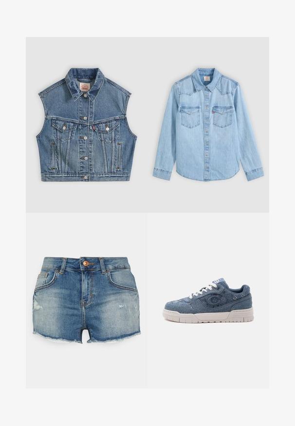 Veste sans manches en denim bleu avec boutons sur le devant, deux poches poitrine à rabats et un col classique.; Chemise en denim bleu clair à manches longues avec fermeture par boutons, deux poches poitrine à rabats et un col classique pointu sur fond gris.; LTB PAMELA - Short en jean - lelia; Baskets en denim bleu avec semelle blanche et lacets, avec un grand emblème "C" sur le côté et un design en tissu texturé.