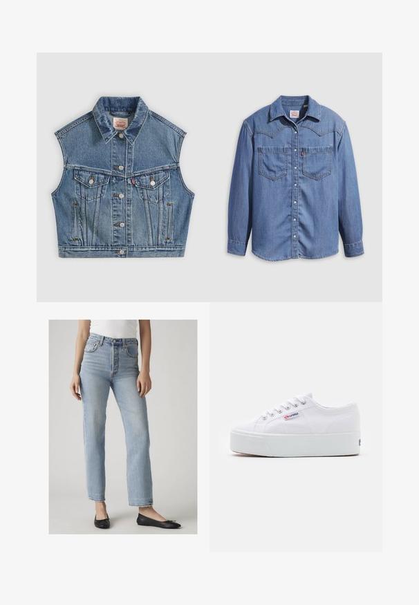 Blå denim ærmeløs jakke med knapper foran, to brystlommer med klapper og en klassisk krave.; Lyseblå denimskjorte med spidst krave, to brystlommer og trykknapper. Har et western-inspireret stykke på skuldrene.; Kvinde iført lyseblå jeans med høj talje og lige ben samt sorte balletsko, stående mod en ensfarvet lys baggrund.; Hvide canvas sneakers med en tyk hvid platformssål, rund tå og metaløjelets til snørebånd. Mærkets logo præsenteret på siden.