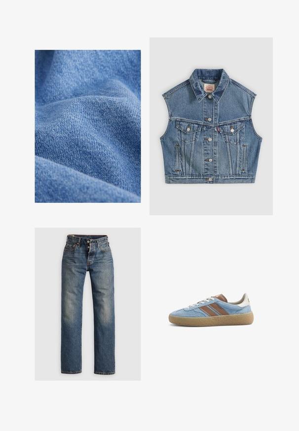 Veste sans manches en denim bleu avec boutons sur le devant, deux poches poitrine à rabats et un col classique.; Tissu en denim bleu avec une texture douce, présentant un motif de tissage serré et des variations subtiles de teinte. Aspect froissé avec des plis.; Jeans en denim bleu avec une coupe droite, dotés de coutures visibles, d'une fermeture éclair et de cinq poches. Des zones décolorées ajoutent de la texture.; Basket basse avec tige en daim bleu clair, bandes latérales en cuir marron, lacets blancs, coque de talon blanche et semelle en caoutchouc beige texturée.