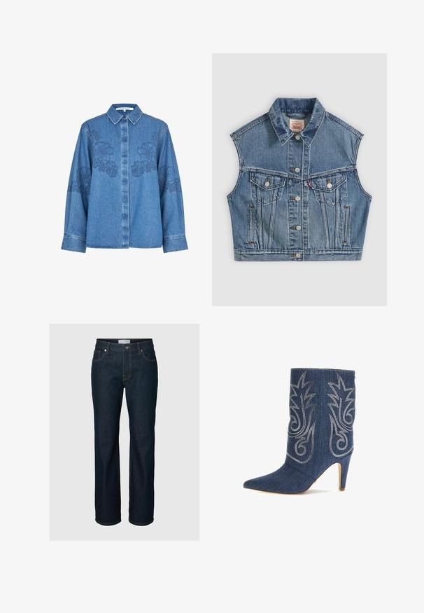 Veste sans manches en denim bleu avec boutons sur le devant, deux poches poitrine à rabats et un col classique.; Chemise en denim bleu clair avec broderie florale bleu foncé sur les épaules et les manches ; dotée d'un col classique et d'une fermeture à boutons.; Jean droit en denim bleu foncé avec cinq poches, fermeture par boutons et surpiqûres contrastées, présenté sur un fond uni.; Bottine en denim avec un bout pointu, un design incurvé, des coutures décoratives argentées et un talon aiguille de 8 cm. Bleu foncé avec une finition texturée.