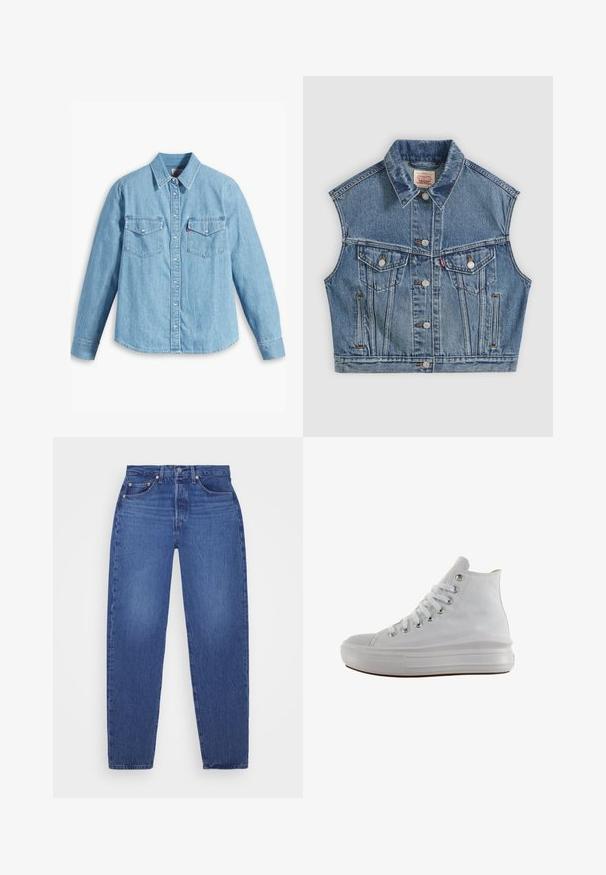 Blå denim ærmeløs jakke med knapper foran, to brystlommer med klapper og en klassisk krave.; Lyseblå denimskjorte med lange ærmer, spidse krave, to brystlommer, knaplukning og subtil tekstur. Ingen synlige mønstre.; Blå denim jeans med lige ben, fem lommer, kobbernitter og en falmet tekstur. Klassisk talje med lynlåslukning.; Hvid højt canvas sneaksko med hvide snørebånd, metaløjer, tyk gummisål og tekstureret tåhætte, vendt mod venstre på en hvid baggrund.