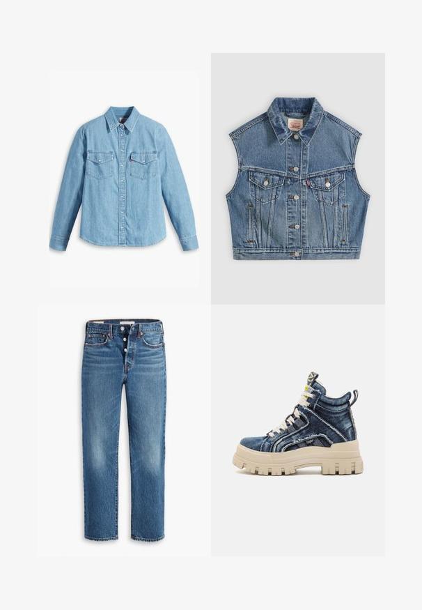 Blå denim ærmeløs jakke med knapper foran, to brystlommer med klapper og en klassisk krave.; Lyseblå denimskjorte med lange ærmer, spidse krave, to brystlommer, knaplukning og subtil tekstur. Ingen synlige mønstre.; Blå denim jeans med lige ben, der har en knaplukning, fem lommer og en let falmet tekstur på fronten.; Buffalo ASPHA MID - Sneakers high - blue