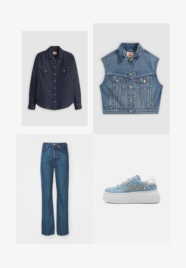Μπλε denim αμάνικο μπουφάν με κουμπιά μπροστά, δύο τσέπες στο στήθος με καπάκια και κλασικό γιακά.; Σκούρο μπλε τζιν πουκάμισο με μακρυά μανίκια, κουμπιά μπροστά, δύο τσέπες στο στήθος με καπάκια και αντίθετη κίτρινη ραφή.; Μπλε τζιν παντελόνι με ίσια γραμμή, με κουμπί κούμπωμα, θηλιές για ζώνη και διάφορες λεπτομέρειες σε τσέπες. Διακριτή υφή.; Μπλε τζιν παπούτσια πλατφόρμας με άσπρη καουτσούκ σόλα, με ασημένιο κεντημένο λογότυπο και άσπρες λεπτομέρειες στη φτέρνα και στην περιοχή των κορδονιών.