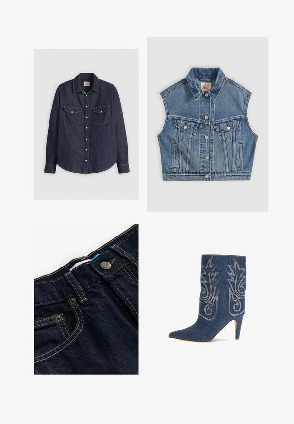 Blaues ärmelloses Jeansweste mit Knöpfen vorne, zwei Brusttaschen mit Klappen und einem klassischen Kragen.; Dunkelblaues Denim-Hemd mit langen Ärmeln, knöpfbarem Frontverschluss, zwei Brusttaschen mit Klappen und kontrastierendem gelben Stich.; Dunkelblaue Jeans aus Denim mit regulärem Bund, kontrastierenden goldenen Nähten und einem Metallknopf. Verfügt über eine kleine Vordertasche und ein Etikett.; Denim-Ankle-Boot mit spitzer Zehenform, geschwungenem Design, silberner dekorativer Stickerei und 3-Zoll-Stiletto-Absatz. Dunkelblau mit strukturiertem Finish.