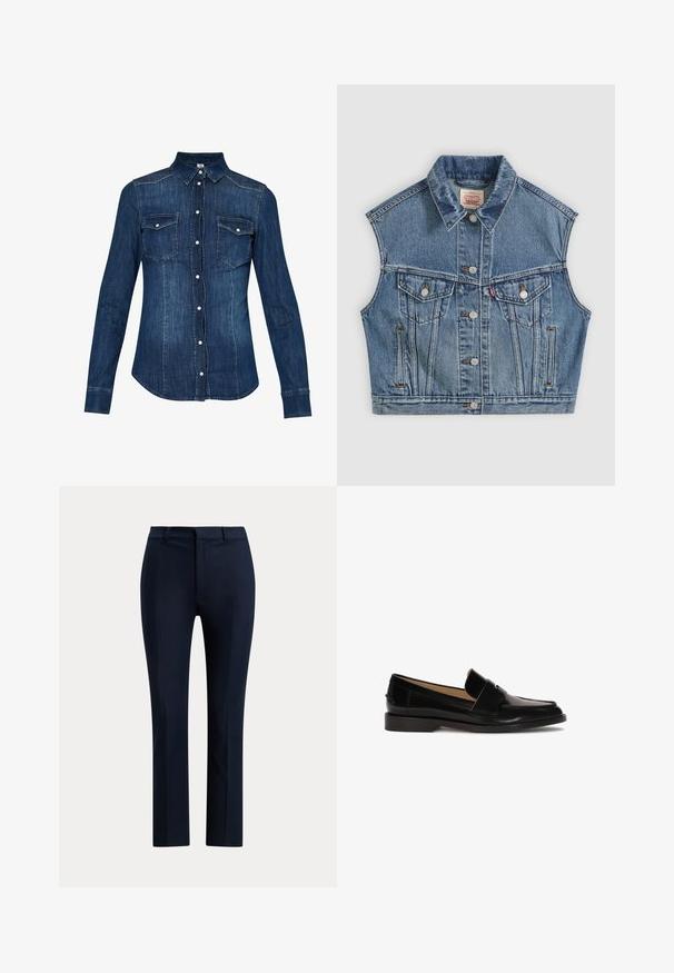 Blå denim ærmeløs jakke med knapper foran, to brystlommer med klapper og en klassisk krave.; Denimskjorte i mørkeblå, med frontknaplukning, spidse krave og to brystlommer med klap. Lange ærmer med knapmanchetter.; Mørk marineblå skræddersyede bukser med lige ben, bæltestropper og frontlynlås på hvid baggrund.; Sorte læder loafers med glat finish, afrundet tå og en dekorativ rem over fronten. Lav blokhælsdesign.