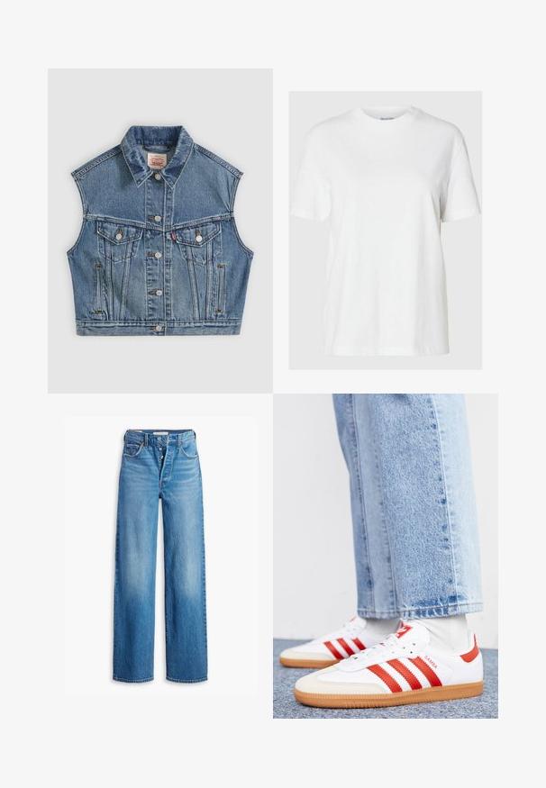 Blå denim ærmeløs jakke med knapper foran, to brystlommer med klapper og en klassisk krave.; Hvid bomuld t-shirt med korte ærmer og rund halsudskæring. Har en afslappet pasform og et minimalistisk design uden mønstre eller accenter.; Blå denimjeans med høj talje, vidde ben og fem lomme-design. Har en knaplukning og en falmet finish.; Hvide lædersneakers med røde striber og accenter. Har en tekstureret gummisål og polstret krave. Bæres med lyseblå denim.