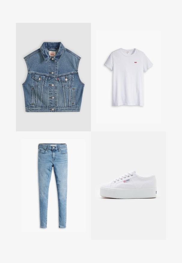 Blaues ärmelloses Jeansweste mit Knöpfen vorne, zwei Brusttaschen mit Klappen und einem klassischen Kragen.; Weißes Baumwoll-T-Shirt mit kurzen Ärmeln und rundem Ausschnitt. Besitzt ein kleines rotes Levi's-Logo auf der linken Brustseite.; Hellblaue superenge Jeans mit Knopf- und Reißverschluss vorne, Gürtelschlaufen und Design mit fünf Taschen.; Weiße Leinenschuhe mit einer dicken weißen Plattformsohle, runder Zehenpartie und Metallösen für die Schnürsenkel. Markenlogo an der Seite angebracht.
