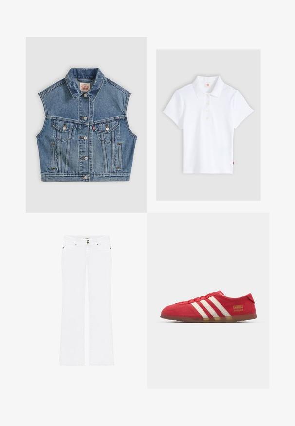 Μπλε denim αμάνικο μπουφάν με κουμπιά μπροστά, δύο τσέπες στο στήθος με καπάκια και κλασικό γιακά.; Λευκό ριμπ μπλουζάκι πόλο με κοντά μανίκια, γιακά και τέσσερα κουμπιά, στρωμένο επίπεδα σε ανοιχτό γκρι φόντο.; Λευκά τζιν από ντένιμ με μέση μέτριου ύψους, διπλό κουμπί κλεισίματος, πέντε τσέπες και ελαφρώς φαρδύ καμπάνα στα μπατζάκια.; Κόκκινα σουέτ αθλητικά παπούτσια με λευκό σχέδιο τριών γραμμών, επίπεδη σόλα και χρυσό λογότυπο. Χαμηλή κοπή με στρογγυλή μύτη και κλείσιμο με κορδόνια.