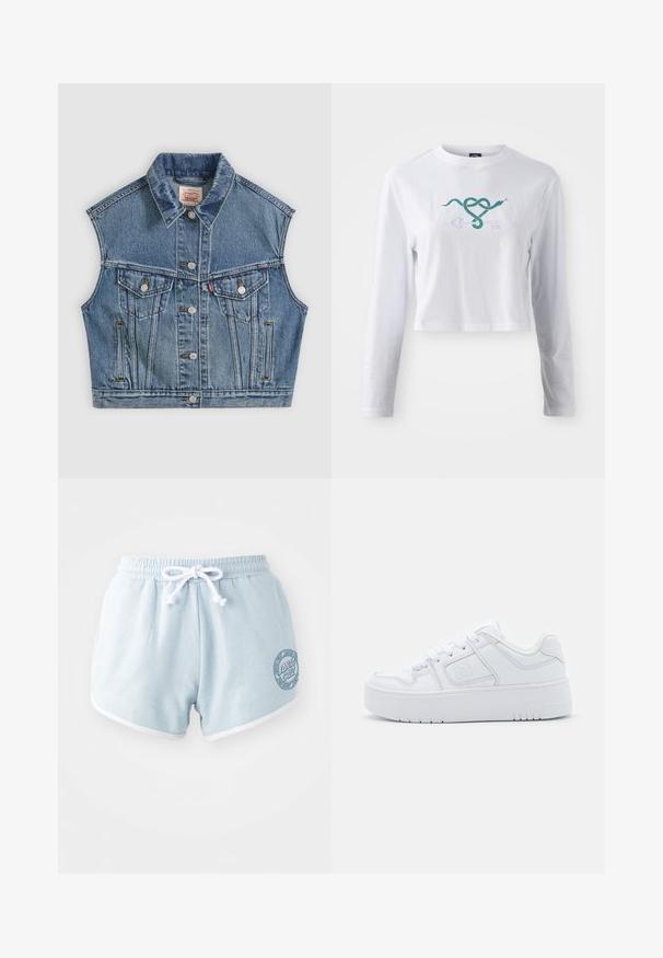 Blaues ärmelloses Jeansweste mit Knöpfen vorne, zwei Brusttaschen mit Klappen und einem klassischen Kragen.; Weißes, langärmliges, gekürztes T-Shirt aus Baumwolle mit einer grünen Schlange, die sich mit einem Schlüsseldesign auf der Vorderseite verschlingt.; Helle blaue Shorts aus weichem Stoff mit einem weißen Kordelzug, versehen mit weißen Besätzen und einem runden Logopatch an der Seite.; Weiße synthetische Sneaker mit glatter Textur, runder Zehenpartie, Schnürdesign und dicker Sohle mit einem strukturierten Profil.