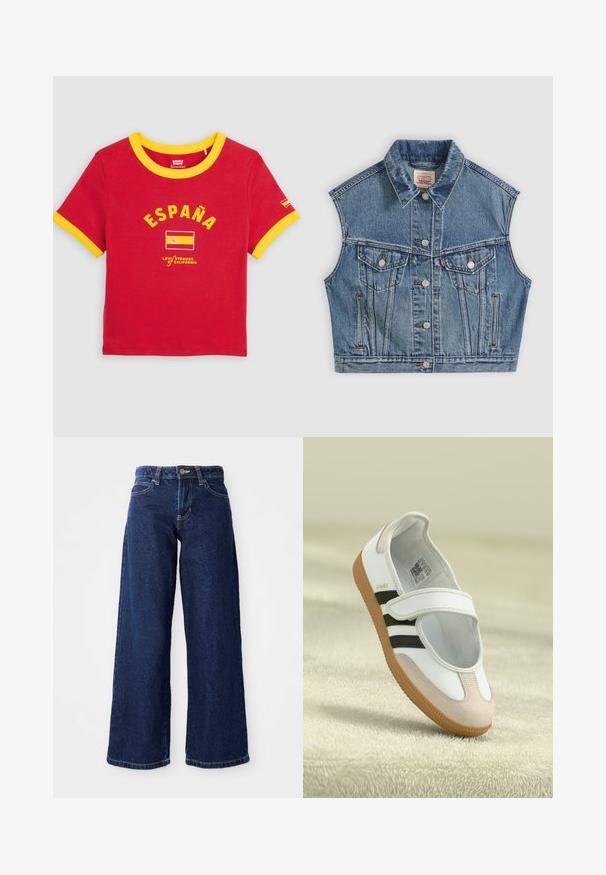 Μπλε denim αμάνικο μπουφάν με κουμπιά μπροστά, δύο τσέπες στο στήθος με καπάκια και κλασικό γιακά.; Κόκκινο κοντομάνικο μπλουζάκι με κίτρινο γιακά και μανσέτες, κείμενο "ESPAÑA", γραφικό ισπανικής σημαίας και λογότυπο Levi's Strauss της Καλιφόρνια.; Σκούρα μπλε τζιν παντελόνι με φαρδιά γραμμή, κατασκευασμένο από τζιν ύφασμα, που διαθέτει κλείσιμο με κουμπί και φερμουάρ, θηλάκια ζώνης και κλασικό σχέδιο πέντε τσεπών.; Λευκό παπούτσι με ροζ σουέτ μύτη, μαύρες ρίγες και ιμάντα Velcro. Διαθέτει καφετί καουτσούκ σόλα και λογότυπο στο πλάι.