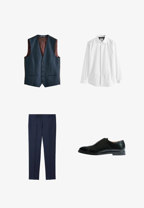 Mørkeblå, ærmeløs vest med fem sorte knapper, to frontlommer og maroon mønstret for. Struktureret stof med glatte detaljer.; Hvid skjorte med knapper, der har en plisseret frontpanel, krave og lange ærmer, fremstillet af glat bomuldsstof.; Marine skræddersyede bukser lavet af et glat stof. Har knaplukning, frontlommer og et lige ben design.; Scarosso BEAUMONT - Business sko - black calf