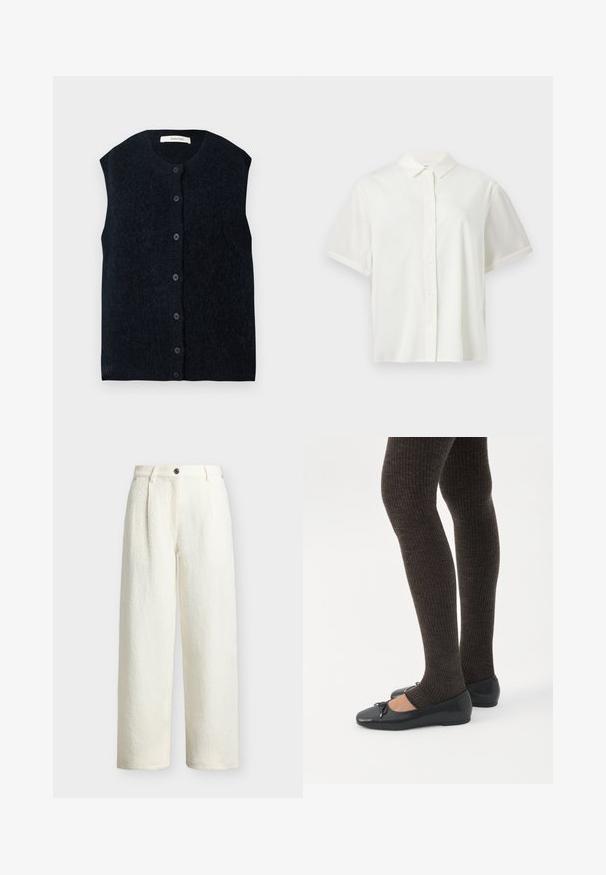 Veste noire sans manches en tricot boutonnée, avec un col rond et un tissu à texture douce.; Chemise blanche à manches courtes avec boutons et col, présentée à plat sur un fond blanc uni.; Pantalon large taille haute couleur crème en tissu texturé, fermeture devant par boutons, passants de ceinture et poches latérales.; Jambes portant des leggings côtelés foncés associés à des ballerines noires avec de petits détails en nœud sur fond blanc.