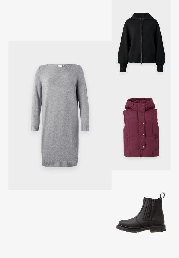 JDY JDYWONDER SHORT HOOD - Vesta - fig; Čierna pletená bunda na zips s širokým golierom, rebrovanými manžetami a rebrovaným lemom.; Sivý pletený šaty s okrúhlym výstrihom, dlhými rukávmi a rebrovanými manžetami. Mäkká textúra, dĺžka po kolená, minimalisticý štýl.; Čierna syntetická členková čižma s dvoma zipsami, okrúhlou špičkou, textúrovanou podrážkou a pútkom vzadu pre jednoduché obúvanie.