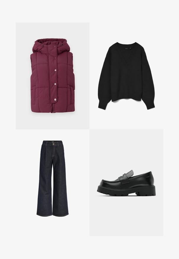 JDY JDYWONDER SHORT HOOD - Bodywarmer - fig; Zwarte gebreide trui met een diepe V-hals, doorgezakte schouders en geribbelde boorden en zoom. Zachte textuur met een oversized pasvorm. Geen zichtbare patronen.; Donkerblauwe denim jeans met wijd uitlopende pijpen, plooien, knoopsluiting en ceintuurlussen, afgebeeld tegen een witte achtergrond.; Zwarte leren instappers met een chunky, gestructureerde zool, voorzien van een band over de voet en een gladde, gepolijste afwerking.