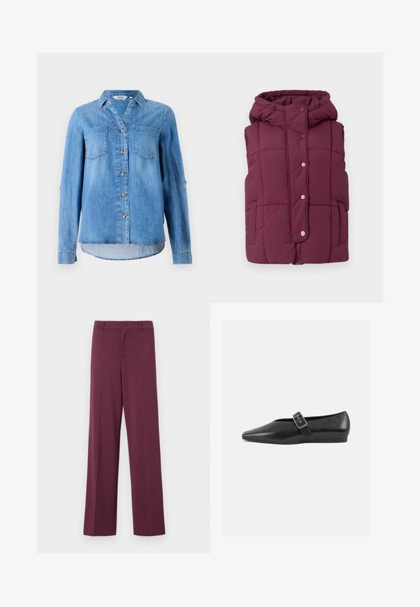 JDY JDYWONDER SHORT HOOD - Vest - fig; Hele sinine teksasülik, millel on nööpidega esipaneel, kaks rindu taskut ja üleskeeratavad varrukad koos nööbiga kaunistusega.; Pruunid laiad püksid, valmistatud siledast kangast. Omavad nööbikinnitust ja klassikalisi taskuid. Lihtne disain, ilma mustrite või aktsentideta.; Must mustril leedjalats, millel on terav varvas, metallist pandla rihm üle jala ja madal, paindlik tall.
