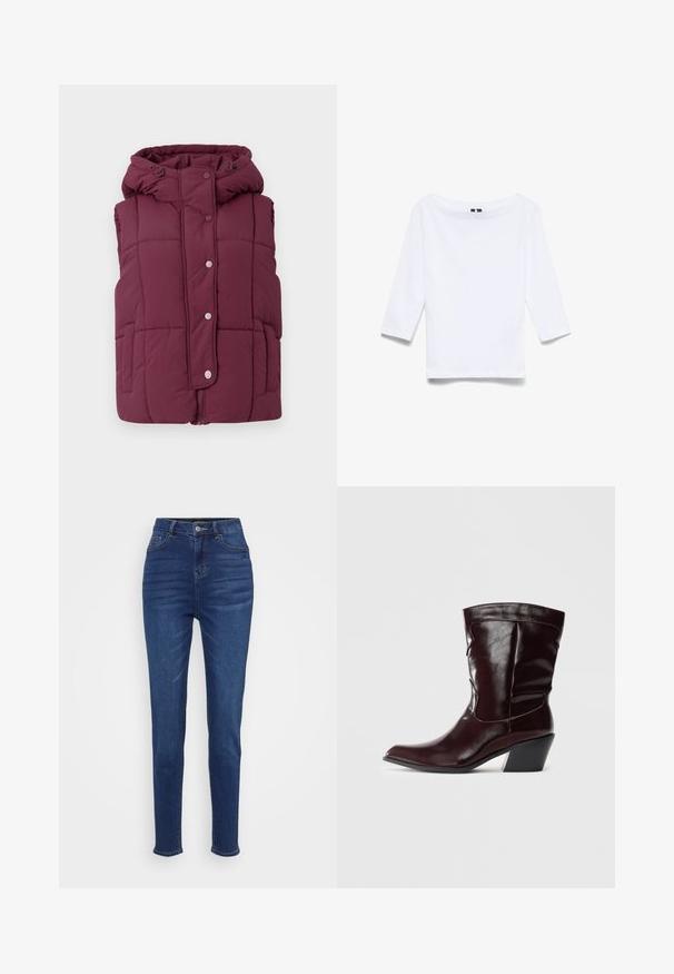 JDY JDYWONDER SHORT HOOD - Bodywarmer - fig; Witte driekwartmouwen shirt gemaakt van een katoenen mix; beschikt over een brede bootnek en een gladde, lichte textuur.; Hogestraat, slim-fit jeans in donkerblauwe denim. Voorzien van vijf zakken, riemlussen en een knoopsluiting met subtiele vervaging langs de benen.; Bordeaux leren enkellaarsjes met een spitse neus, textuur op het oppervlak en een taps toelopende lage hak. Heeft subtiele stiksels en een strakke pasvorm.