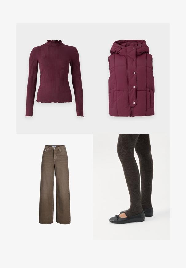 JDY JDYWONDER SHORT HOOD - Vest - fig; Ribstrikket, langærmet, mørkelilla sweater med falsk flæsekrave og matchende flæsekanter på ærmer og kant.; Brune højttaljede viddebenjeans med frontknap og lynlås, for- og baglommer samt bæltestropper.; Ben iført mørke ribbede leggings kombineret med sorte balletsko med små sløjfedetaljer på hvid baggrund.
