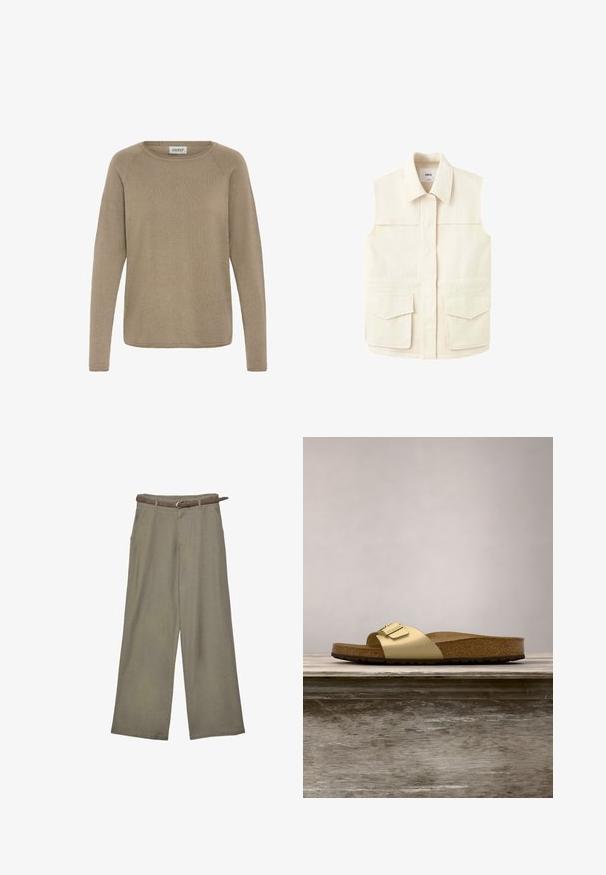 Ærmeløs beige utility-vest med krave, skjult frontlukning og to store klaplommer i taljen. Præsenteret på en almindelig hvid baggrund.; Lysebrunt langærmet sweater lavet af blødt stof, med en rund halsudskæring og ribbet tekstur. Enkel, udekoreret design.; Khaki bukser med vide ben, sidelommer og bæltestropper, kombineret med et tyndt brunt læderbælte med sølvspænde.; Gyldne syntetiske slidesandaler med en enkelt rem og spændeaccent, der har en brun korksål og en tekstureret gummisål.