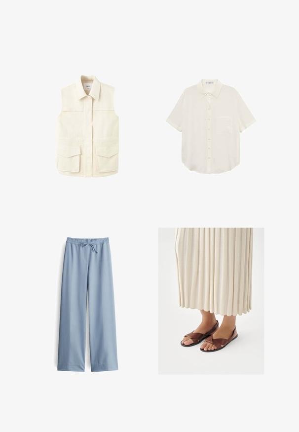 Ärmellose beigefarbene Utility-Weste mit Kragen, verdecktem Frontverschluss und zwei großen Pattentaschen auf Taillenhöhe. Dargestellt auf schlichtem weißen Hintergrund.; Mango SHORT SLEEVE POCKET - Hemdbluse - off-white; Helle blaue weite Hosen aus glattem Stoff, mit einem elastischen Bund und Kordelzug, ohne sichtbare Taschen oder zusätzliche Details.; Braune Ledersandalen mit Kreuzriemen-Design, flacher Sohle und offenem Zehenbereich, kombiniert mit einem cremefarbenen, plissierten Rock.