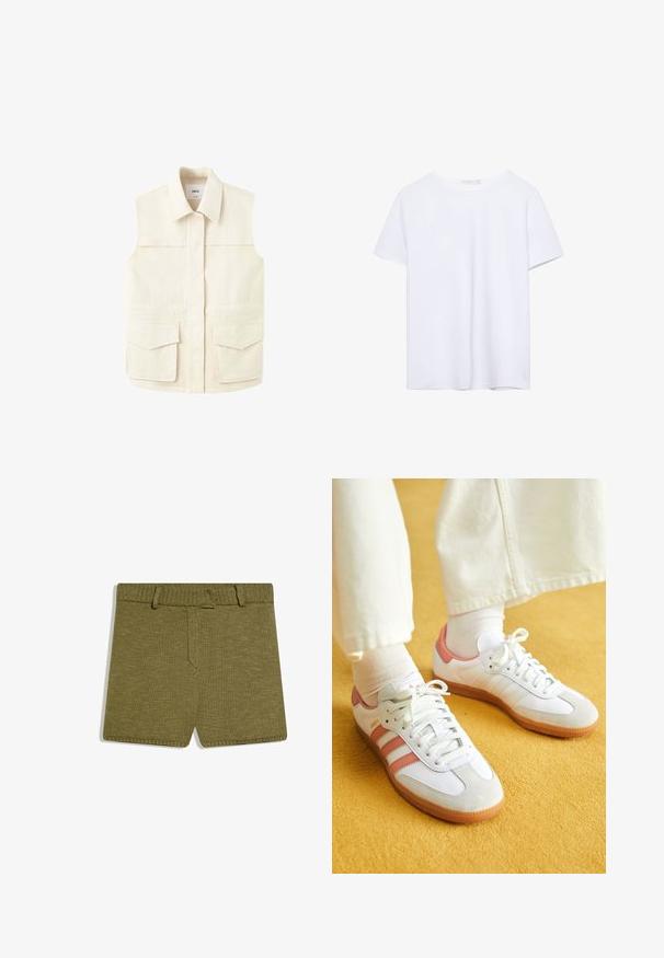 Gilet utilitaire beige sans manches avec col, fermeture frontale dissimulée et deux grandes poches à rabat à la taille. Présenté sur fond blanc uni.; T-shirt blanc uni à manches courtes et col rond avec ourlet droit, présenté sur un fond blanc.; Shorts tricotés vert olive avec une taille élastique côtelée et des passants pour ceinture, présentés à plat sur un fond blanc.; Baskets blanches avec des accents roses, en matériaux de daim et de cuir, à bout rond et semelle en caoutchouc, présentées avec des chaussettes claires sur un fond jaune.