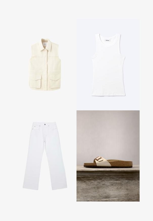 Ærmeløs beige utility-vest med krave, skjult frontlukning og to store klaplommer i taljen. Præsenteret på en almindelig hvid baggrund.; Hvid ærmeløs ribstrikket top med rund halsudskæring og en lille label med teksten "WEEKDAY" indeni kraven.; Hvide jeans med lige ben, fem lommer, bæltestropper og lukning foran med knap og lynlås, lagt fladt på en hvid baggrund.; Sandal med slide-design, der har en let metallisk overdel, korkfodbed og tekstureret brun gummisål. Spænde detalje med logoaccent.