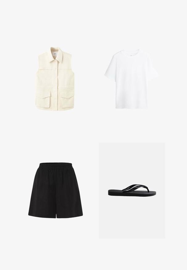 Ærmeløs beige utility-vest med krave, skjult frontlukning og to store klaplommer i taljen. Præsenteret på en almindelig hvid baggrund.; Hvid kortærmet T-shirt med rund hals og afslappet pasform, vist mod en hvid baggrund.; Sorte bomuldsshorts med elastisk talje, der har en løs pasform og lige ben-design. Glat tekstur uden yderligere mønstre eller akcenter.; Sort gummiplip-flops sandal med tekstureret sål og glatte remme, sidevisning på en ensfarvet lys grå baggrund.