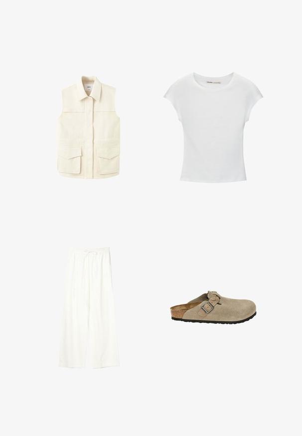 Mouwloos beige utility-vest met kraag, verborgen voorsluiting en twee grote klepzakken in de taille. Afgebeeld op een effen witte achtergrond.; Witte katoenen T-shirt met korte, opgerolde mouwen, een ronde halslijn en een rechte zoom. Gladde textuur zonder zichtbare patronen of accenten.; Witte wijde broek met elastische tailleband en trekkoord, gemaakt van lichtgewicht stof.; Beige suède klompen met een ronde neus, verstelbare band en gesp, kurken tussenzool en een gestructureerde zwarte rubberen zool voor voldoende grip.