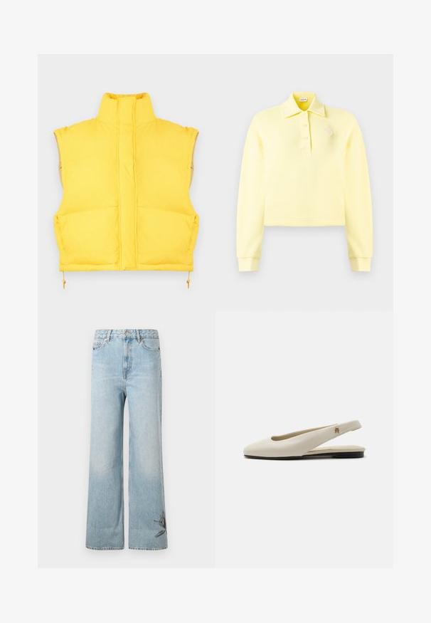 Gelbe Steppweste mit hohem Kragen, Frontreißverschluss, seitlichen Taschen und Kordelzug am Saum. Weicher Stoff mit glatter Oberfläche und gepolstertem Design.; Blassgelbes Langarm-Poloshirt mit drei Knöpfen, gerippten Bündchen und einem kleinen strukturierten Aufnäher auf der linken Brust.; Helle blaue weit geschnittene Jeans aus Denim, mit einer verblassten Textur und floralem Stickdetail am linken unteren Bein.; cremefarbiger Lederslingback-Flachschuh mit rundem Zehenbereich und kleinem goldfarbenem Emblem am Riemen.