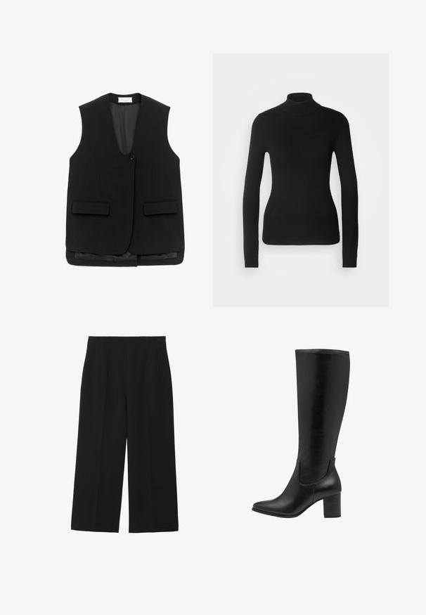 Sort ærmeløs skræddersyet vest med enkelt knaplukning og to forlommer med klap, der har en glat indvendig foring.; Sort turtleneck sweater lavet af let strikket stof. Har lange ærmer, et tætsiddende design og en blød ribbet tekstur.; Sorte breddebenede bukser lavet af glat stof, med to forlommer, flad front og lynlås lukning på siden.; Sorte knæhøje støvler lavet af glat læder. De har en spids tå, blokhæle og elastiske sidepaneler for nem påtagning.