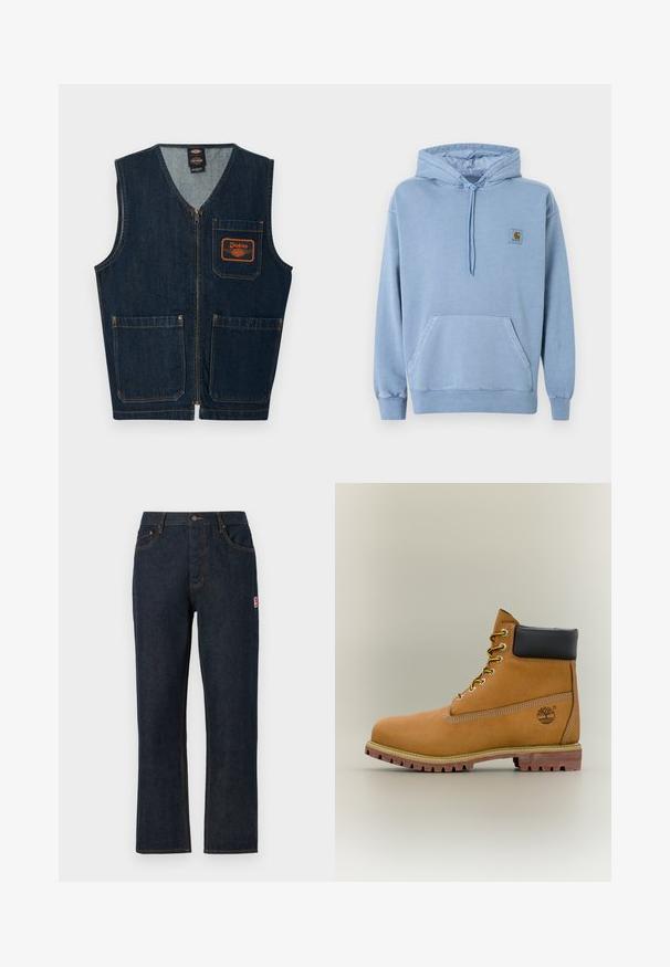 Donkerblauw denimvest met een rits aan de voorkant, drie zakken met klep en een oranje Dickies-logo op de linkerborstzak.; Lichtblauwe Carhartt hoodie met capuchon en trekkoorden, frontzak in kangoeroestijl, geribbelde manchetten en zoom, en een klein bruin logoplaatje op de borst.; Donkerblauwe denim jeans met rechte pijpen, klassiek vijfzakkenontwerp, sluiting met bovenste knoop en contrasterende oranje stiksels. Rode logopatch aan de zijkant.; Bruine leren enkellaars met zwarte kraag, gele veters en een zandkleurige zool. Voorzien van een logo en witte stikseldetails. Robuuste loopzool met grip.