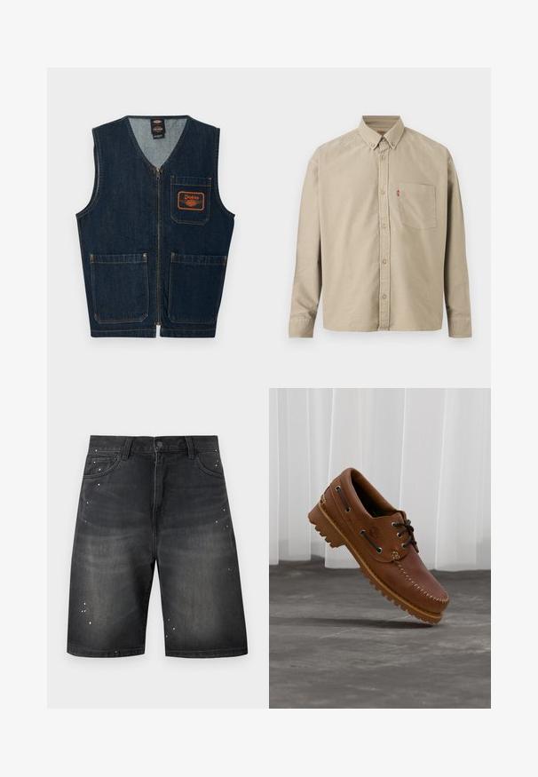 Σκούρο μπλε γιλέκο από denim με μπροστινό φερμουάρ, τρεις τσέπες με επιδιορθώσεις και πορτοκαλί λογότυπο Dickies στην αριστερή τσέπη του στήθους.; Μπεζ πουκάμισο μακρυμάνικο με κουμπιά, γιακά με κουμπί, τσέπη στο στήθος αριστερά και ορατή κόκκινη ετικέτα στη ραφή της τσέπης.; Μαύρα τζιν σορτς με κουμπί και φερμουάρ, εμπρόσθιες τσέπες, θηλιές για ζώνη και μικρές λευκές κηλίδες μπογιάς.; Καφέ δερμάτινο παπούτσι τύπου boat με μαύρα κορδόνια, μπεζ ραφές και ανθεκτική σόλα, αιωρούμενο πάνω από γκρι τσιμεντόλιθο.
