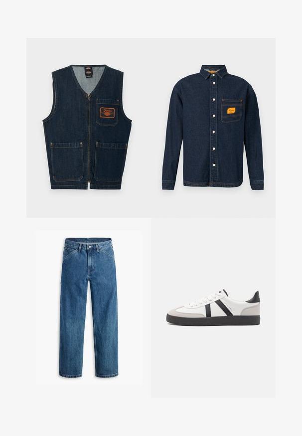 Dunkelblaue Jeansweste mit Frontreißverschluss, drei aufgesetzten Taschen und orangefarbenem Dickies-Logo-Patch auf der linken Brusttasche.; Dunkelblaue Denim-Hemd mit Button-Down-Kragen, orangefarbener Etikett auf der Brusttasche und weißen Knöpfen. Weiche Textur mit Kontrastnähte.; Blaue Jeans mit geradem Bein, Vordertaschen, Gürtelschlaufen, Metallknopf und Reißverschluss auf weißem Hintergrund.; Weiße Sneaker mit schwarz- und grau-aczenten, ausgestattet mit einer strukturierten grauen Zehenkappe, schwarzer Gummi-Sohle und flachen weißen Schnürsenkeln. Sauberes Design, minimalistische Stil.