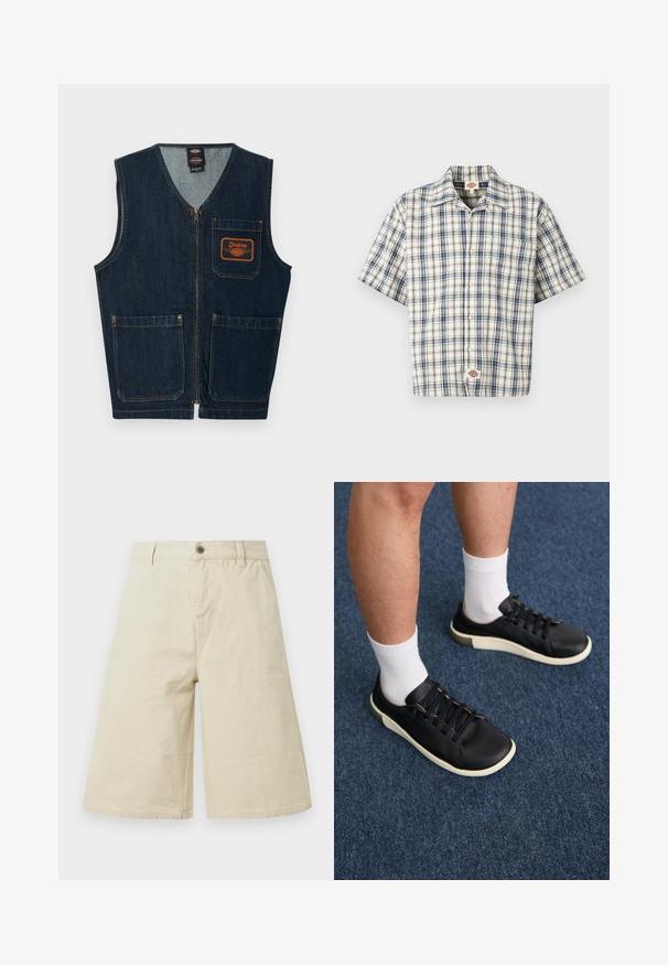 Chaleco vaquero azul oscuro con cremallera frontal, tres bolsillos de parche y parche con el logo naranja de Dickies en el bolsillo del pecho izquierdo.; Camisa de manga corta, abotonada, con patrón de cuadros azul y negro y un bolsillo en el pecho, extendida sobre un fondo blanco.; Pantalones cortos beige de pierna ancha hasta la rodilla con presillas para cinturón, botón frontal, cierre de cremallera y bolsillos laterales.; Zapatilla negra de cuero liso, con una suela blanca, seis ojales con cordones negros y un sutil acento beige en el talón.