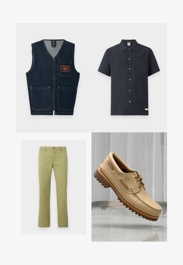 Σκούρο μπλε γιλέκο από denim με μπροστινό φερμουάρ, τρεις τσέπες με επιδιορθώσεις και πορτοκαλί λογότυπο Dickies στην αριστερή τσέπη του στήθους.; Πουκάμισο με κοντά μανίκια σε ναυτικό μπλε χρώμα, με κουμπιά, εμπρόσθια τσέπη στο στήθος και μικρή λευκή υφασμάτινη ετικέτα κοντά στο τελείωμα σε λευκό φόντο.; Ανοιχτό πράσινο παντελόνι με ίσια γραμμή, κλείσιμο με κουμπί και φερμουάρ, θηλιές για ζώνη και χωρίς εμφανείς τσέπες, παρουσιάζεται από μπροστά σε λευκό φόντο.; Ένα ανοιχτό καφέ δερμάτινο ναυτικό παπούτσι με παχύ, ραβδωτό πάτο και λεπτομέρειες από κορδόνια, που αιωρείται πάνω από ένα μαρμάρινο δάπεδο με φόντο λευκές κατακόρυφες περσίδες.