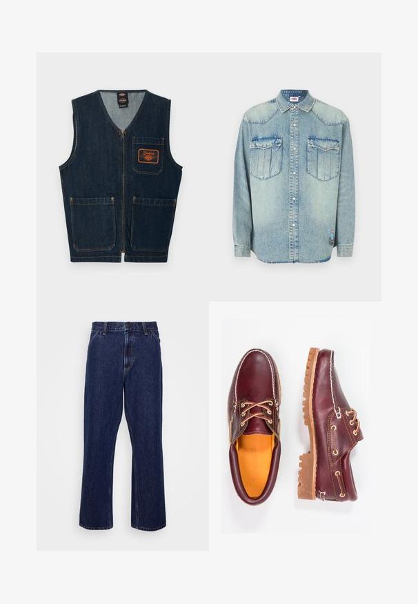 Mørkeblå denimvest med lynlås foran, tre lappelommer og orange Dickies-logo på venstre brystlomme.; Lyseblå denimskjorte med lange ærmer, trykknaplukning, spids krave, to brystlommer og mærke på nederste side.; Mørkeblå denim jeans med lige ben-design, der har knaplukning, fem lomme-stil og diskrete syninger.; Bordeaux lædersko med brune gummisåler, rund tå, hvid syning og gyldne snøringer. Indersiden har et gult for.