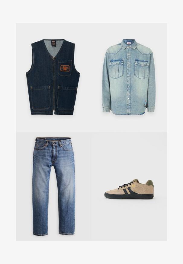 Donkerblauw denimvest met een rits aan de voorkant, drie zakken met klep en een oranje Dickies-logo op de linkerborstzak.; Lichtblauw denim overhemd met lange mouwen, drukknoopsluiting, puntkraag, twee borstzakken en merkpatch aan de onderzijde.; Rechtemodel blauwe denim jeans met een knoop- en ritssluiting, vijf zakken en oranje stiksels op een lichtgrijze achtergrond.; Beige suède skate-schoen met zwarte zool, zwarte veters, zwarte zijkanten, olijfgroene hak en gele Globe-logo aan de zijkant en op de tong.