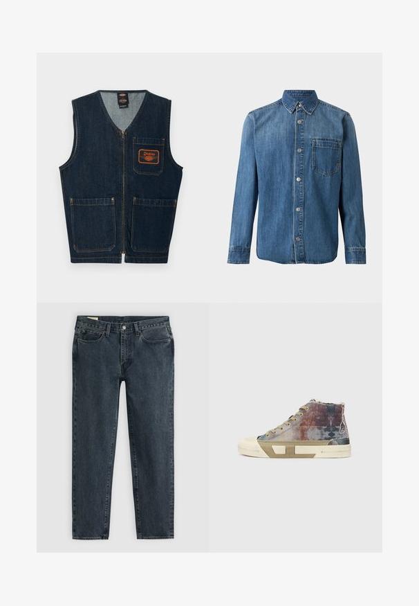 Tmavomodrá rifľová vesta s predným zipsom, tromi našitými vreckami a oranžovou nášivkou s logom Dickies na ľavom hrudnom vrecku.; Modrá rifľová košeľa s dlhými rukávmi, prednými gombíkmi, špicatým golierom a jedným náprsným vreckom na bielom pozadí.; Tmavomodré džínsy s rovnými nohavicami, piatimi vreckami a zapínaním na gombíky. Jemné opranie dodáva textúru látke.; Vysoké tenisky s vrchnou časťou z viacfarebného plátna s vyblednutými vzormi, béžovou podrážkou a minimalistickým dizajnom. Odhalené švy a akcenty.