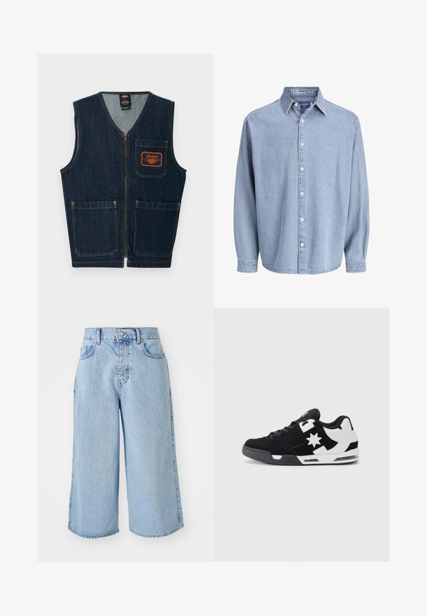 Σκούρο μπλε γιλέκο από denim με μπροστινό φερμουάρ, τρεις τσέπες με επιδιορθώσεις και πορτοκαλί λογότυπο Dickies στην αριστερή τσέπη του στήθους.; Ανοιχτό μπλε τζιν πουκάμισο με μακριά μανίκια, κουμπιά και κολάρο, τοποθετημένο σε απλό λευκό φόντο.; Ανοιχτό μπλε τζιν σόρτς culotte με ψηλή μέση, σχέδιο πέντε τσεπών και χαλαρή εφαρμογή. Διαθέτει ξεθωριασμένη υφή και διπλές ραφές στο τελείωμα.; Μαύρα και λευκά sneakers με δέρμα σουέτ και υλικά πλέγματος. Διαθέτουν έναν εντυπωσιακό λογότυπο αστεριού και έντονες λεπτομέρειες στο πλάι, με μαξιλαρωτή σόλα.
