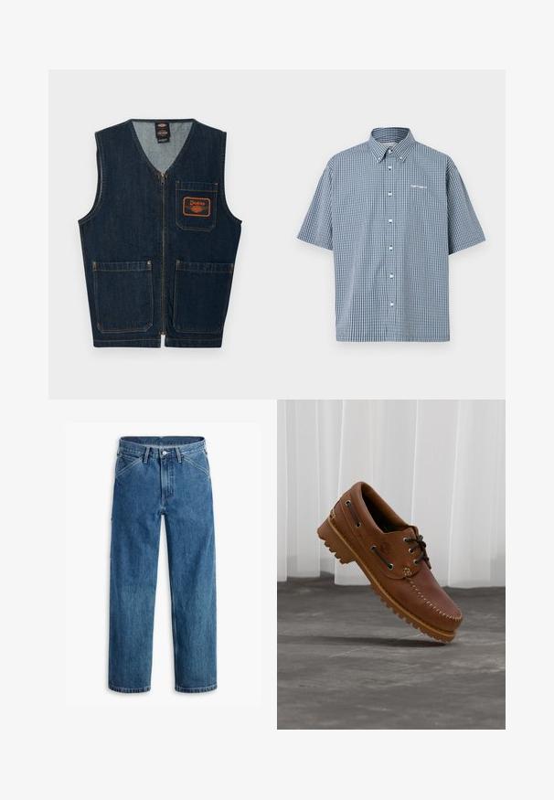 Σκούρο μπλε γιλέκο από denim με μπροστινό φερμουάρ, τρεις τσέπες με επιδιορθώσεις και πορτοκαλί λογότυπο Dickies στην αριστερή τσέπη του στήθους.; Πουκάμισο με κοντό μανίκι σε μπλε και λευκό καρό σχέδιο, με γιακά που κουμπώνει και εμπρόσθια λωρίδα με κουμπιά. Κείμενο λογότυπο στο στήθος.; Μπλε τζιν παντελόνι με ίσια γραμμή, μπροστινές τσέπες, θηλιές για ζώνη, μεταλλικό κουμπί και φερμουάρ στο μπροστινό μέρος, σε λευκό φόντο.; Καφέ δερμάτινο παπούτσι τύπου boat με μαύρα κορδόνια, μπεζ ραφές και ανθεκτική σόλα, αιωρούμενο πάνω από γκρι τσιμεντόλιθο.