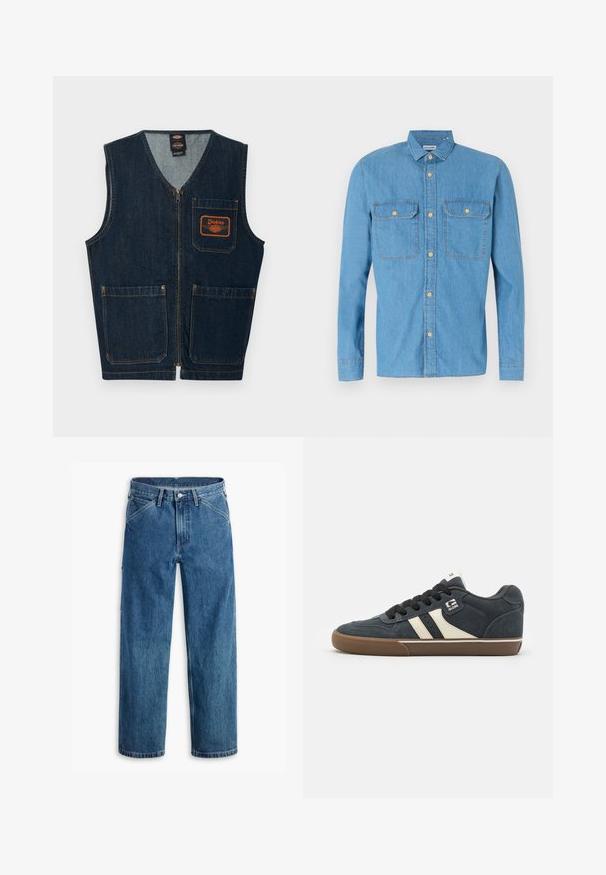 Dunkelblaue Jeansweste mit Frontreißverschluss, drei aufgesetzten Taschen und orangefarbenem Dickies-Logo-Patch auf der linken Brusttasche.; Helles, blaues Jeanshemd mit langen Ärmeln, Knopfleiste, zwei Brusttaschen, spitzem Kragen und goldenen Knöpfen. Glatte Textur, lässiges Design.; Blaue Jeans mit geradem Bein, Vordertaschen, Gürtelschlaufen, Metallknopf und Reißverschluss auf weißem Hintergrund.; Dunkelblaue Wildledersneaker mit cremefarbenen Streifen, schwarzen Schnürsenkeln und einer braunen Gummisohle. Verfügt über einen gepolsterten Kragen und ein Logo an der Seite.